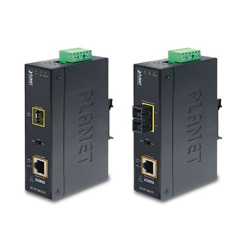 Planet Industrial 1G Optical (SC,MM)-550m to 1GbE RJ45 802.3at PoE Injector Media Converter (-40 to 75C)