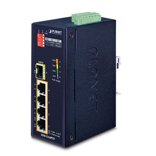 Planet Industrial 5-Port (4x 100Mbps RJ45 PoE ports 1x 100mbps FX slot) Switch (-40~75C) Unmanaged