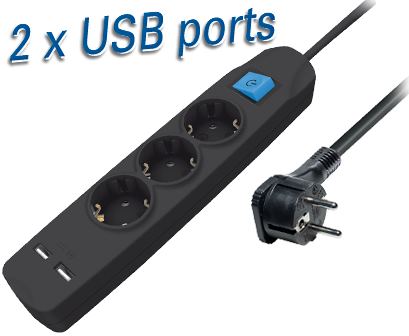 Transmedia 3-way power strip with two USB charging ports, 5m black