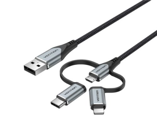 Vention USB 2.0 A Male to 3-in-1 Micro-B USB-C Lightning Male Cable 1,5m, Gray
