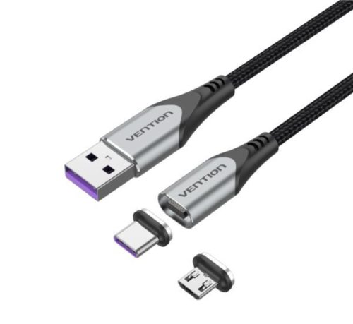 Vention USB 2.0 A Male to 2-in-1 Micro-B USB-C Male 5A Magnetic Cable 2m, Gray
