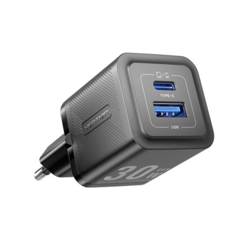 Vention 2-Port USB (C A) GaN Charger (30W 30W) EU-Plug, Black
