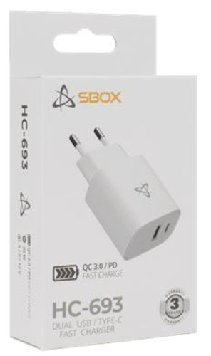 SBOX kućni punjač USB A/TYPE-C, 20W, QC, bijeli