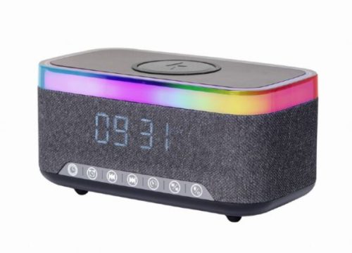 Gembird Digital alarm clock with speaker and wireless charging function, black grey