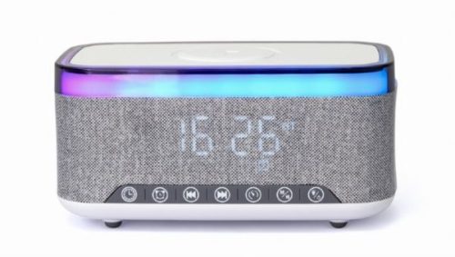 Gembird Digital alarm clock with speaker and wireless charging function, white light grey