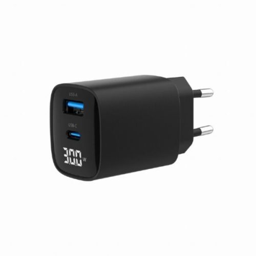 Gembird 2-port 30W USB fast charger, LCD, black