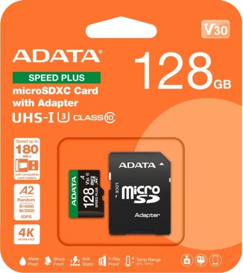 ADATA microSD U3, V30, 180/160MBs, 128GB