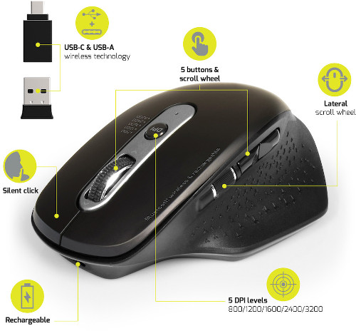 Port miš OFFICE EXE punjivi WL+BT, USB-A/C, crni