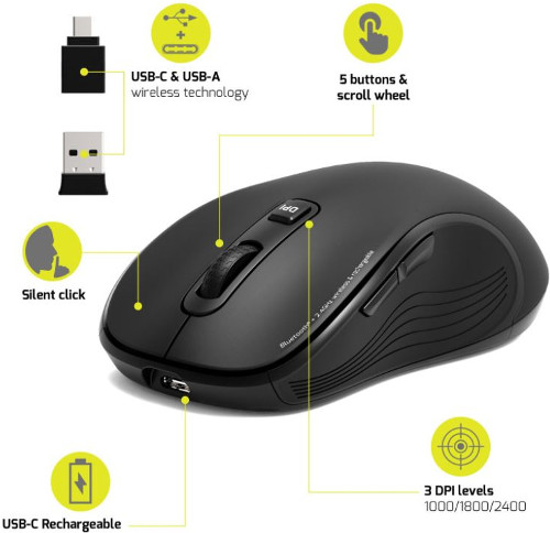 Port miš ESSENTIEL WL+BT, USB-C, punjivi, crni