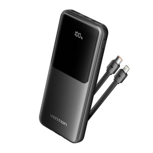 Vention 10000mAh Power Bank (Micro-USB USB-C USB-A USB-A) with Built-in USB-C and Lightning Cables 22.5W Black LED Display Type