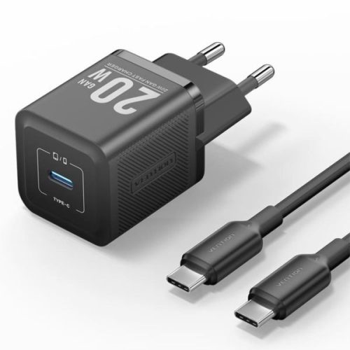 Vention 1-Port USB-C GaN Charger 20W with USB-C to USB-C Cable, 1m, Black