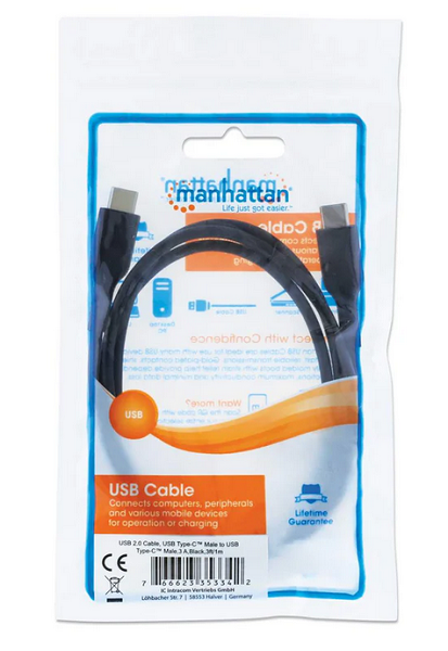 Manhattan kabel USB 2.0 Type-C, 3A, 60W, 1m, crni