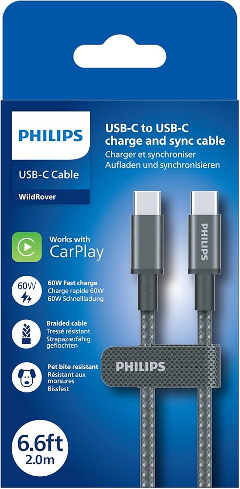 Philips USB-C na USB-C kabel, 2m, 3A, 60W, 480Mbps
