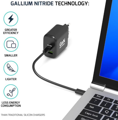 Port zidni punjač GaN 65W USB-C/USB-A, crni